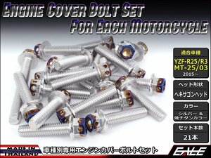 YZF-R25/R3 MT-25/03 エンジンカバー ボルト21本 ステンレス製フランジ付六角ボルト CTCヘキサゴンヘッド シルバー&焼チタンカラー TB7034