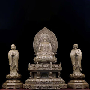 【天然沈香木彫】釈迦と弟子 三体セット(バラ売り可能) 仏教美術 仏像 仏教工芸