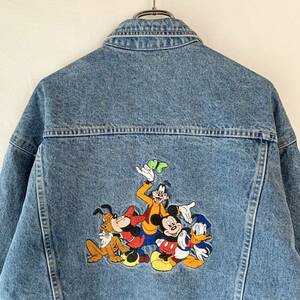 90s THE Disney STORE ミッキー ミニー プルート ドナルド グーフィー 刺繍 ロゴ デニムジャケット ジージャン XL程度 ヴィンテージ