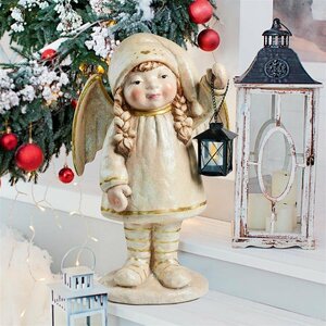 クリスマスの天使像　インテリア置物天使クリスマス金属製ランタンキャンドル羽エンジェルヴィンテージ風アクセント彫刻雑貨人形飾り古風な