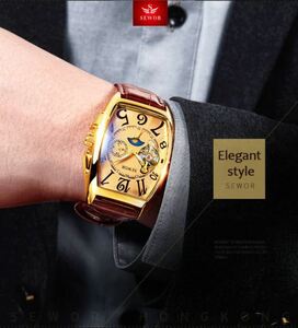 新品$即決!Seworトゥールビヨン 自動機械式時計 メンズ デザイナー ムーンフェイズ 平方革 腕時計 自動日付 ビジネス 腕時計