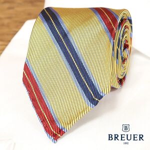 1円/BREUER/ハンドロール ネクタイ 上質シルク100% ストライプ柄 イタリー製 手縫い ビジカジ スーツ小物 新品/ゴールド/de291/