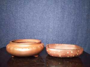 中国宜興2鉢 袋式鋲打丸鉢左右12cm 梨皮泥木瓜鉢左右11.5cm 