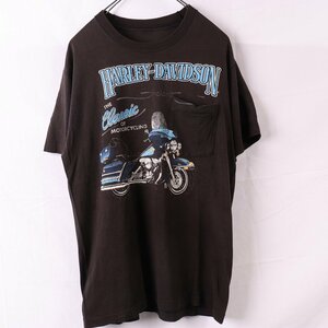 ハーレーダビッドソンTシャツ ポケT L 位 半袖 黒 両面プリント HARLEY DAVIDSON メンズ レディース 古着 中古 st370