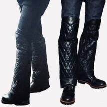 送料無料【HEAVY】ダイヤモンドパッド レッグチャップス 本革 レザーハーフチャップス LEG CHAPS 黒M /防風 防寒 ツーリング レッグカバー_画像2