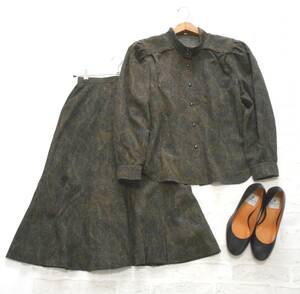 ( beautiful goods free shipping!) Leilian Leilian Brown peiz Lee print wool skirt suit setup ( blouse set pattern wool 100%