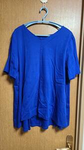 INDIVI 昨季美品 ロイヤルブルー コットン半袖ドレープカットソー AラインTシャツ ふんわりプルオーバー 大きいサイズ 13号 42 LL XL