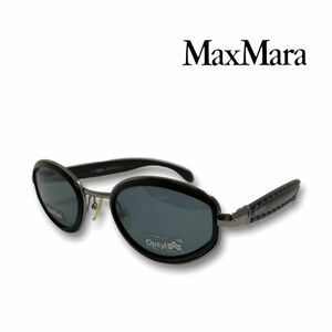 AB7EKE360【Max Mara】90s 黒 マックスマーラ　レザー　サングラス　オーバル　縁 ビンテージ 希少 レア 202206
