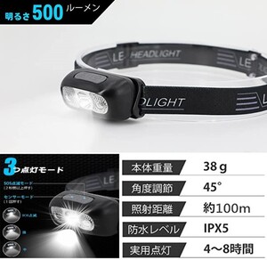 Poven モーションセンサー内蔵 USB充電式 ヘッドライト IPX5防水 500LM ヘッドランプ 高輝度 45°角度調節 釣り 登山 キャンプ 防災