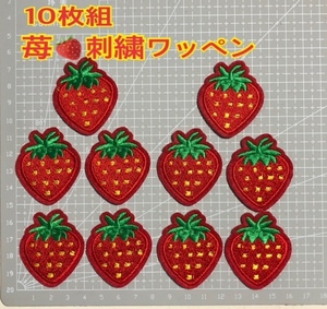 10枚組 苺 ワッペン 刺繍 アイロン アップリケ ワンポイント いちご