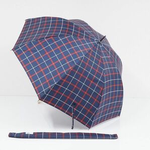 A8063 unnurella by w.p.c 傘 USED美品 アンヌレラ 濡らさない傘 強力撥水 UV ラインチェック ネイビー 収納袋付き 58cm グラス骨 Cの画像1