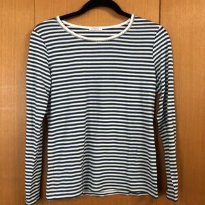 ボーダーカットソー 長袖 ストーン付き ブルーグリーン×ホワイト Mサイズ 長袖Tシャツ