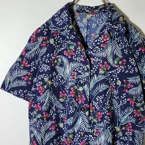 70s 80s 日本製 半袖ブラウス オープンカラー シャツ ビンテージ 総柄 花柄 サイズ11号 ポリ90% 麻10％ 肩パッドなし 匿名配送