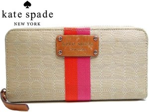 ●本物 kate spade ケイトスペード クラシックノエルシリーズ キャンバス ラウンドファスナー長財布 ベージュ系 総柄