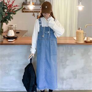 デニム サロペット 青 カジュアル 韓国ファッション ブルー ワンピース 通学