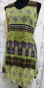 TAKUYAbi neck see-through tunic yellow green series Asian pattern M beautiful goods N325