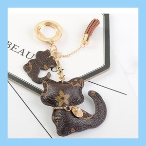 新品 ねこ キーホルダー バッグチャーム 茶色 レザー調 ノーブランド 可愛い キーチェーン