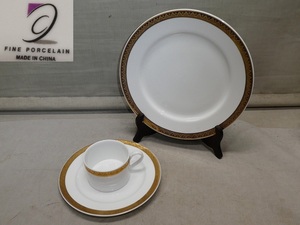 ●FINE PORCELAIN 金彩 ファインポーセリン プレート皿 カップ セット 27㎝プレート/20㎝プレート スープカップ コーヒーカップ●