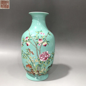 時代古美術★XA780 清乾隆 松石緑地粉彩桃子花卉瓶 