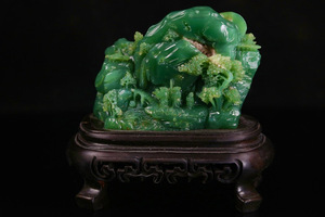 時代古美術・XA126 翡翠緑 寿山石極細工 細密彫 擺件 置物