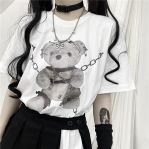 韓国 チェーンテディベア 病みカワ ロックTシャツ ホワイト