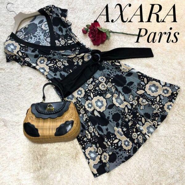 【美品】AXARA Paris ストレッチ カシュクール ベルトデザイン ワンピース 花柄 Sサイズ アクサラパリス