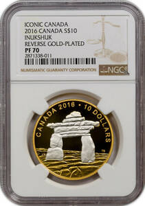 ★★ 最高鑑定 カナダ 2016年 イヌクシュク (イヌイットの石組) Gold Plated 10c$ 1/2oz .9999銀貨 NGC PF70 ★★