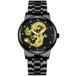 i68 メンズ腕時計 ブラック/ゴールド 3Dドラゴン 3針 アナログ クオーツ 新品 送料無料