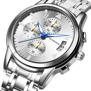 i51SB メンズ腕時計 シルバー/ブルー クロノグラフ風 カレンダー付 アナログ クオーツ 新品 送料無料