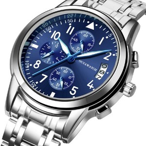 i51BB メンズ腕時計 ブルー クロノグラフ風 カレンダー付 アナログ クオーツ 新品 送料無料
