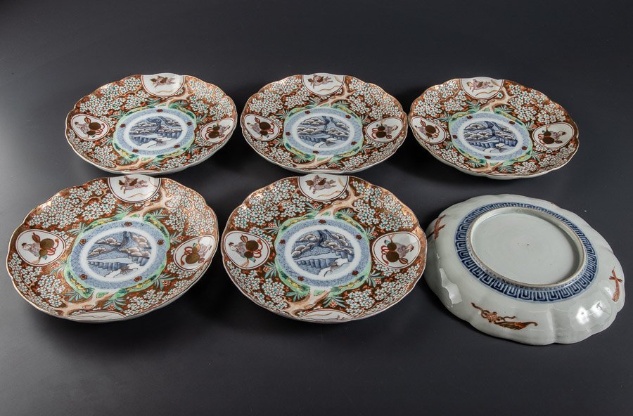 【古伊万里】『 色絵金襴手人物花松文八寸皿 6客 箱付 11146 』 色絵 和食器 料亭 日本料理 焼物皿 陶芸 金彩 時代物 骨董 陶器 磁器