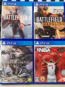 【即決&送料無料】 4本セット バトルフィールド 1 & ハードライン & モンスターハンター ワールド & NBA 2K14 / PS4ソフト 6A