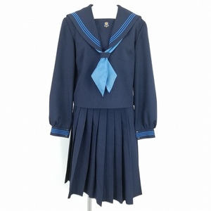 1円 セーラー服 スカート スカーフ 上下3点セット 170A 大きいサイズ カンコー 冬物 長袖 青3本線 女子 大村中学 紺 中古 ランクC NA1683