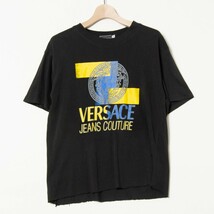 メール便○ Gianni Versace ジャンニヴェルサーチ 半袖プリントTシャツ ブラック イエロー ブルー M コットン カットオフ メンズ 3i6c042_画像1