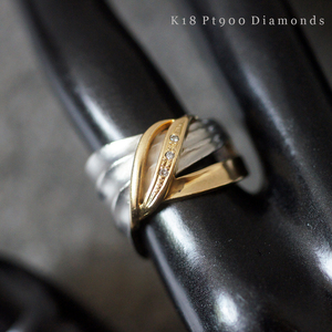 K18 YG Pt 900 天然 ダイヤ モンド 幅 13㎜ ヴィンテージ ワイド リング 11号 8.3g レディース 指輪 アクセサリー 750 プラチナ ゴールド
