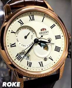 新品 ORIENT(オリエント) 正規品 腕時計 日本製 自動巻き サンアンドムーン アンティーク腕時計 レザーベルト ピンクゴールド 機械式時計