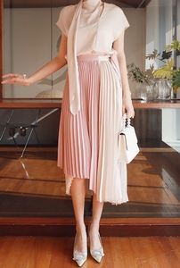  lady's color scheme pleated skirt champagne color un- .. free size skirt 