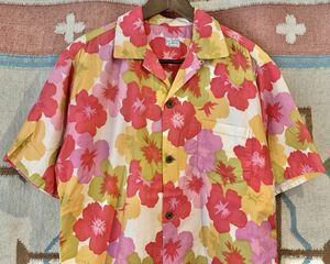 50s~ ハワイ製 vintage Sun Fashion of Hawaii ビンテージ シルク混 ハイビスカス柄 半袖 アロハ ハワイアン オープンカラー シャツ //