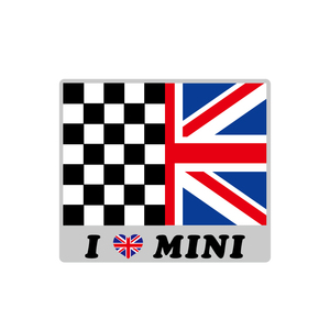 （シルバー）ミニクーパ― ユニオンジャック チェッカー ステッカー 8cm 1枚 国旗 イギリス mini ドレスアップ かわいい I LOVE MINI
