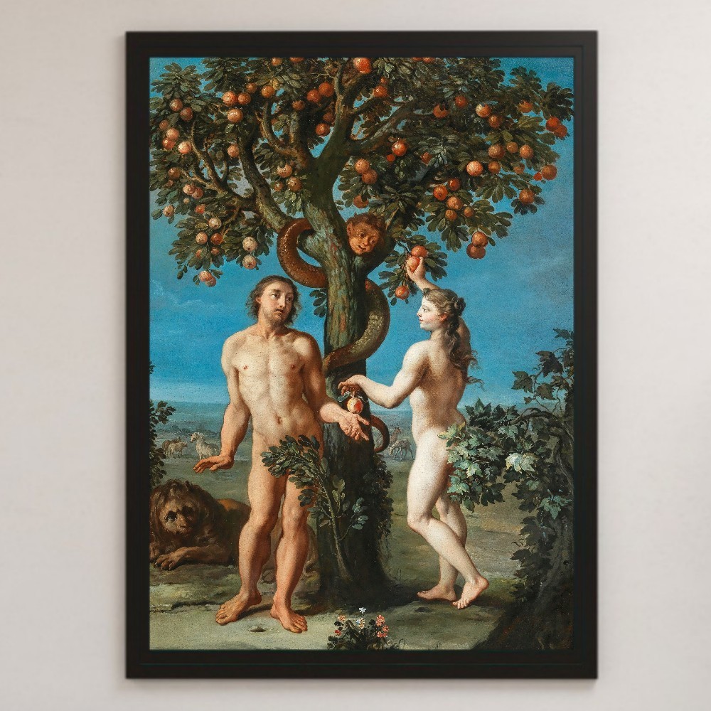 École flamande Tentation Peinture Art Poster brillant A3 Bar Café Classique Intérieur Bible Christianisme Peinture religieuse Adam et Eve Pomme, résidence, intérieur, autres