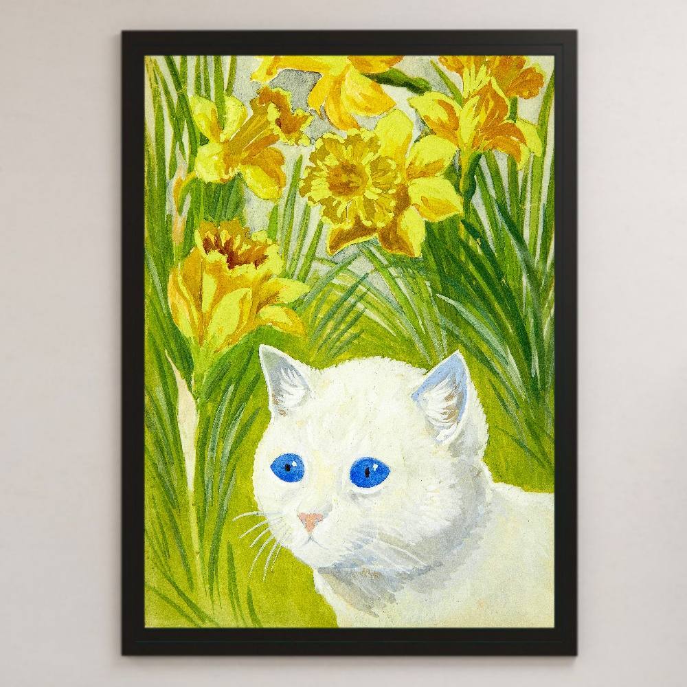 Louis Wayne Cat Among the Daffodils Painting Art Glossy Poster A3 Bar Cafe Classic Retro Interior Pet White Cat Animal Illustration, residence, interior, others