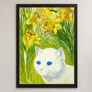 Art hand Auction 水仙花中的路易斯韦恩猫绘画艺术光面海报 A3 酒吧咖啡馆经典复古室内宠物白猫动物插图, 住宅, 内部的, 其他的
