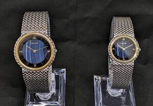 【1円】SEIKO セイコー CREDOR クレドール 5A74-0230 ペアウォッチ 18KTベゼル SS 黒×青 文字盤 クオーツ メンズ レディース 稼働品