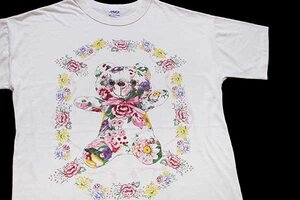 *90s USA made MiLACA teddy bear floral print T-shirt cream * Old flower floral bear soft toy oversize big size 