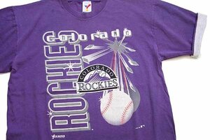 ★90s USA製 MLB COLORADO ROCKIES ロッキーズ コットンTシャツ 紫 XL★オールド スポーツ ベースボール 野球 オーバーサイズ ビッグサイズ