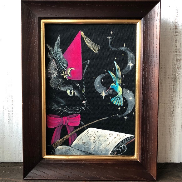 Black Cat Wizard SM size framed art work Original acrylic painting Cat Yoko Tokushima's work ★ Starry Cat, artwork, painting, acrylic, gouache