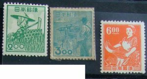 昔懐かしい切手 産業図案切手・農婦2円 捕鯨3円 印刷女工6円 3枚組 1948-9