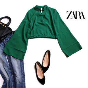 美品 ザラ ZARA collection ■ 春 秋 合物 可愛い♪ ジャージ 素材 デザイン ショート丈 長袖 カットソー S グリーン 緑