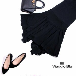 美品 ビアッジョブルー Viaggio Blu ■ 春 夏 上品 綺麗め 膝丈 シフォン フレアスカート 2 9号 ブラック 黒 フォーマル