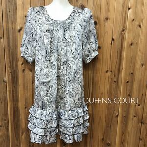 QUEENS COURT＊クイーンズコート 半袖 チュニック ワンピース 総柄 ペイズリー柄 裾フリル バルーン袖 タック入り 美ライン レディース1